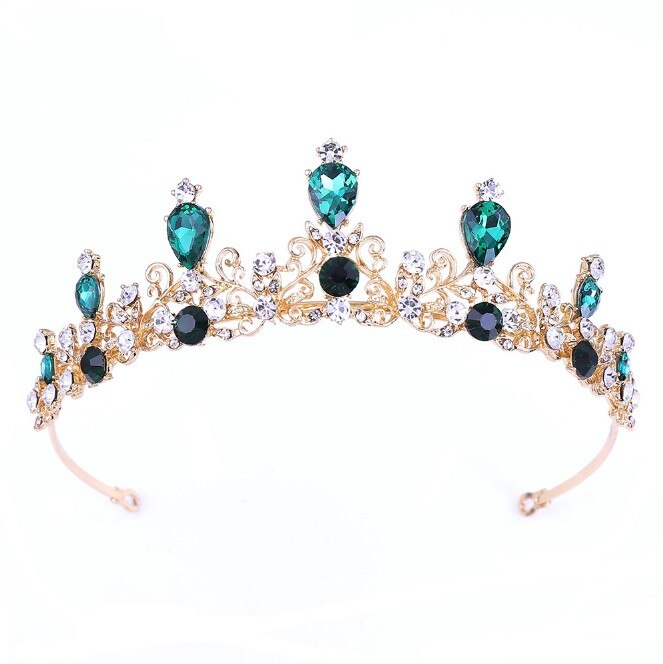 Women girls European Green Crystal Tiaras Vintage Rhinestone Pageant Crown Baroque Bridal Wedding Hair Jewelry Accessories