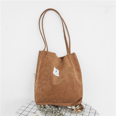 Vrouwen Canvas Draagtas Corduroy Winkelen Vrouwelijke Eco Doek Handtas Grote Vrouwen Vouwen Schouder Herbruikbare Opvouwbare Shopper Tassen: Brown