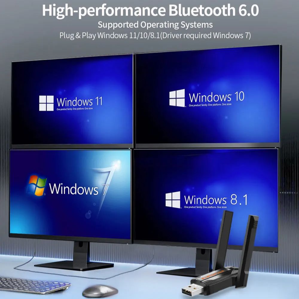 Bluetooth 6.0 Adapter 200M USB Dongle Adapter Wireless Audio Receiver Transmitter Driver Free for Win 11/10/8.1 Mouse Keyboard