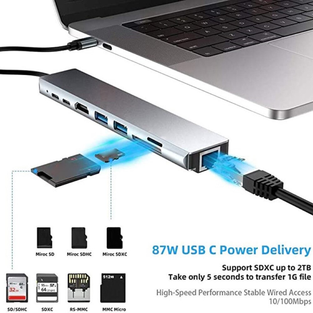 Hub USB 8 in 1 4K 30Hz tipo C a HDMI compatibile RJ45 100M scheda di rete adattatore Hub USB C per MacBook telefono Android