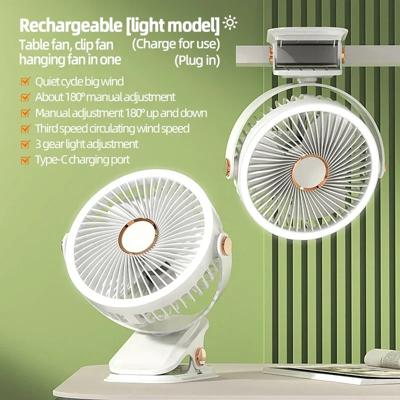 Ventilatore da campeggio 8000mAh Circolatore d'aria portatile da tavolo ricaricabile Ventilatore elettrico da soffitto senza fili con luce a portato Ventilatore domestico clip-in poi: bianca