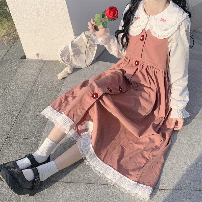 Japanese Style Dress for Women Autumn and Winter Small Sweet Gentle Cute Fairy Suspender Dress Mori Style Retro Long Dress