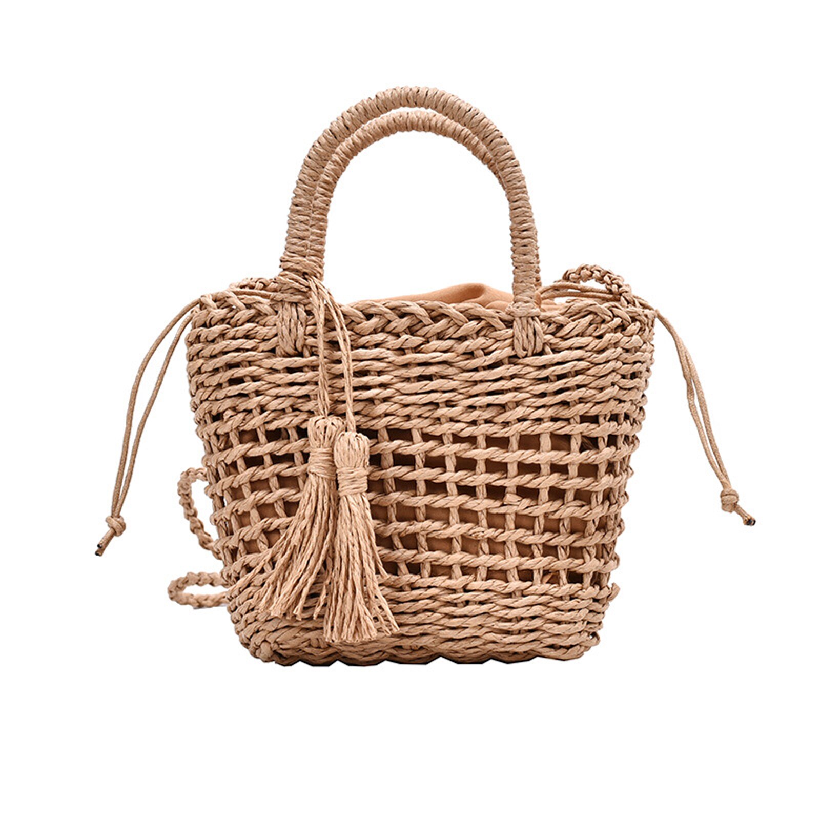 Bolsa de vime feita à mão, de palha, rattan, feminina, verão, vazada, bolsa de ombro cruzada, com laço, borlas: D