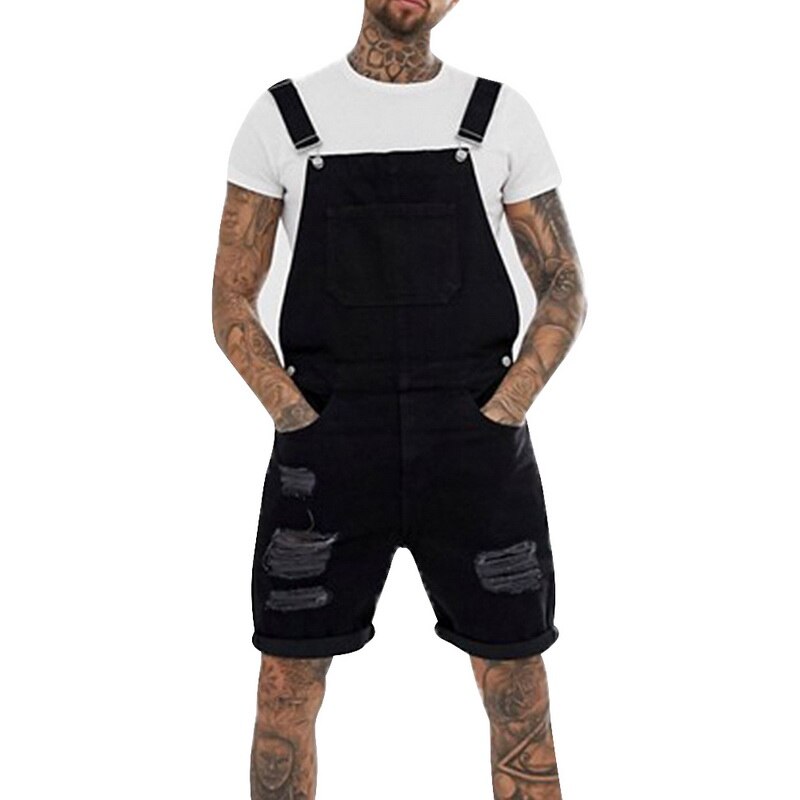 MoneRffi Summer Men Blue Black Short Jeans Overalls Hip Hop Ripped jeans Short jumpsuit Denim Suspender Pants