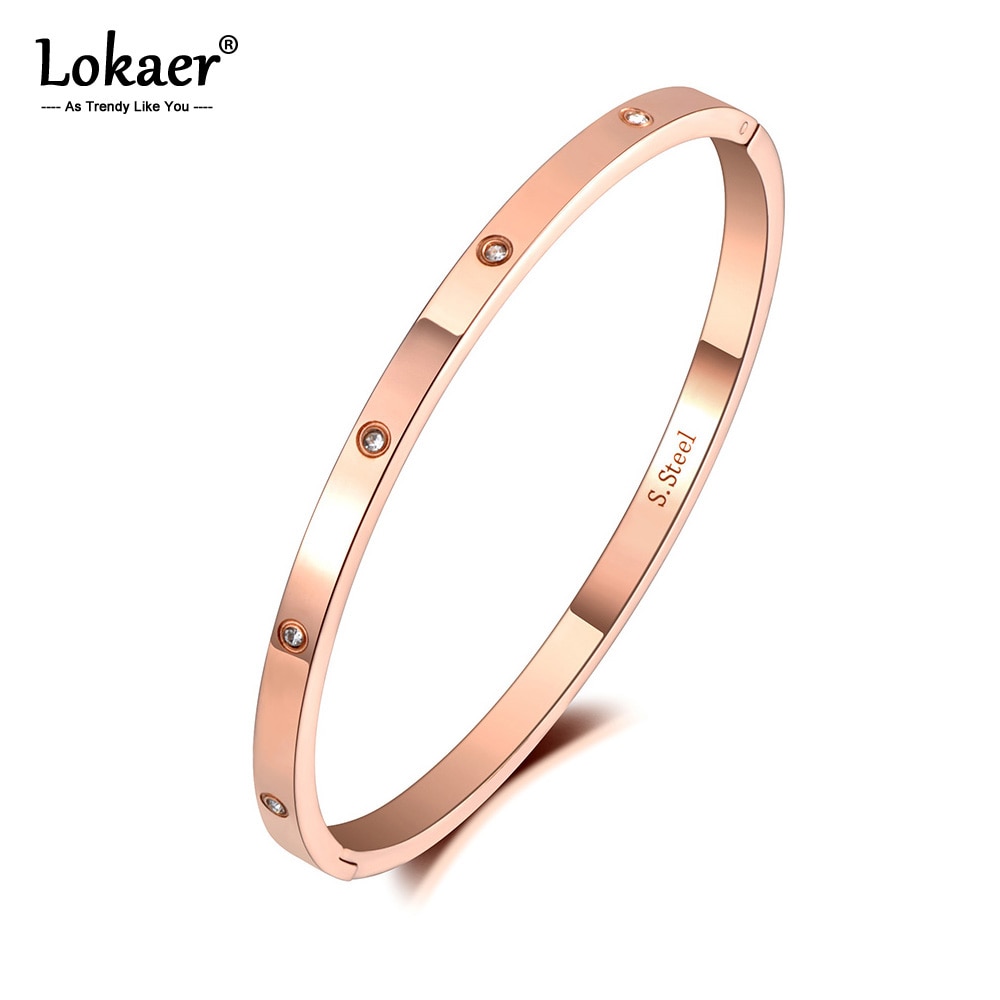 Lokaer luxo cz cristal 4mm manguito pulseiras para mulheres rosa ouro zircônia cúbica amor titânio aço inoxidável pulseiras b19063