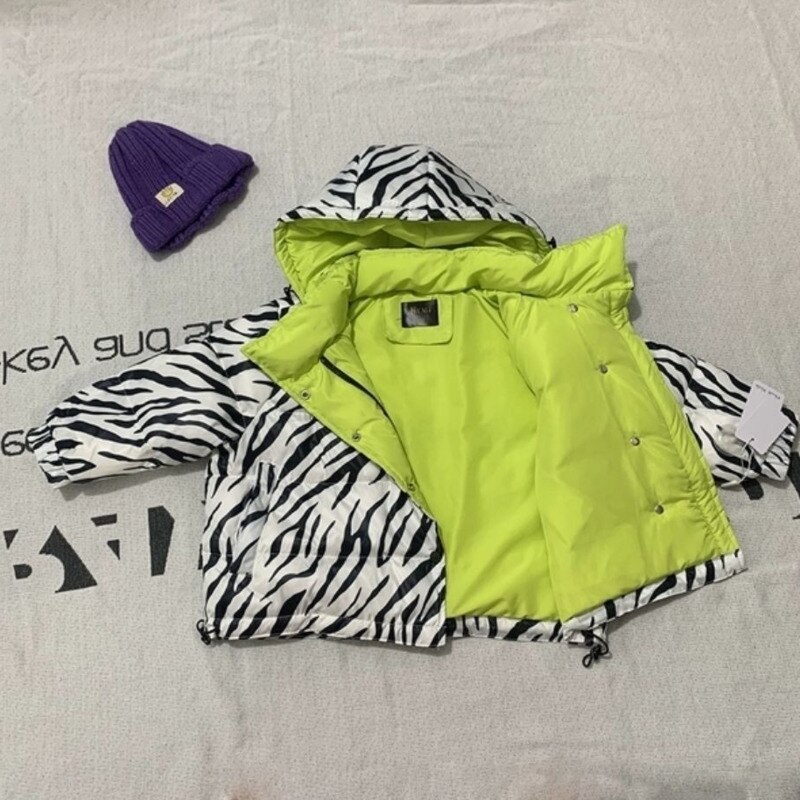 Chaqueta de invierno de cebra para niños y niñas, abrigo con capucha, Parka corta, ropa de nieve
