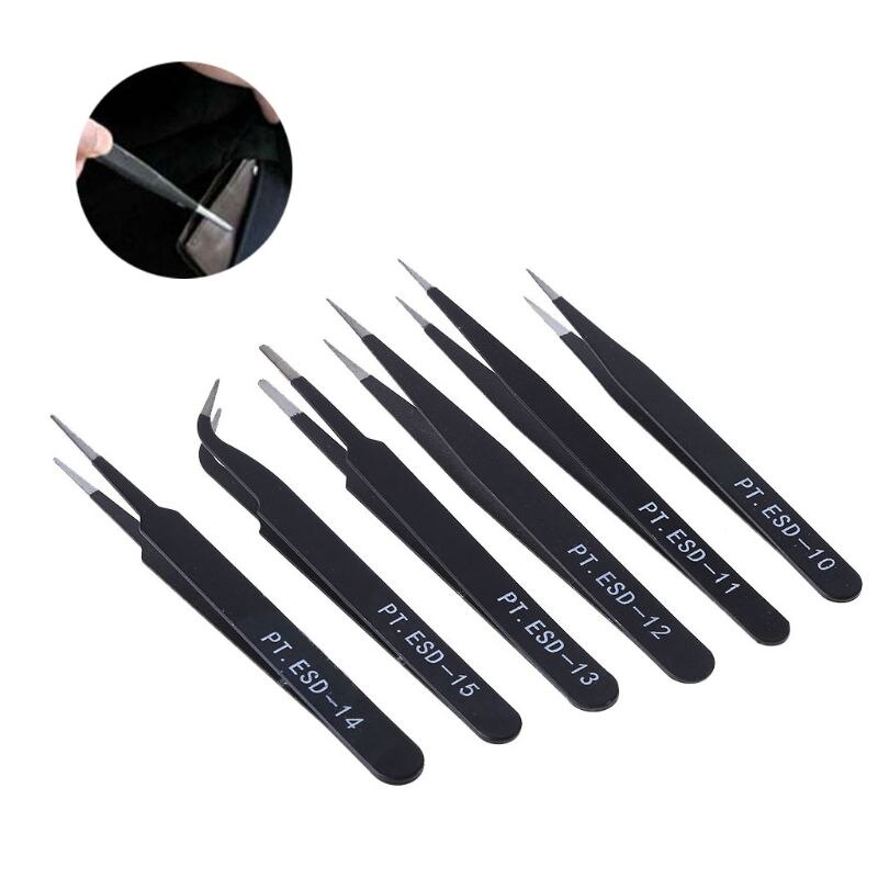 6Pcs Anti-static ESD Stainless Steel Tweezers Maintenance Tools Industrial Precision Curved Straight Tweezers ESD10-15