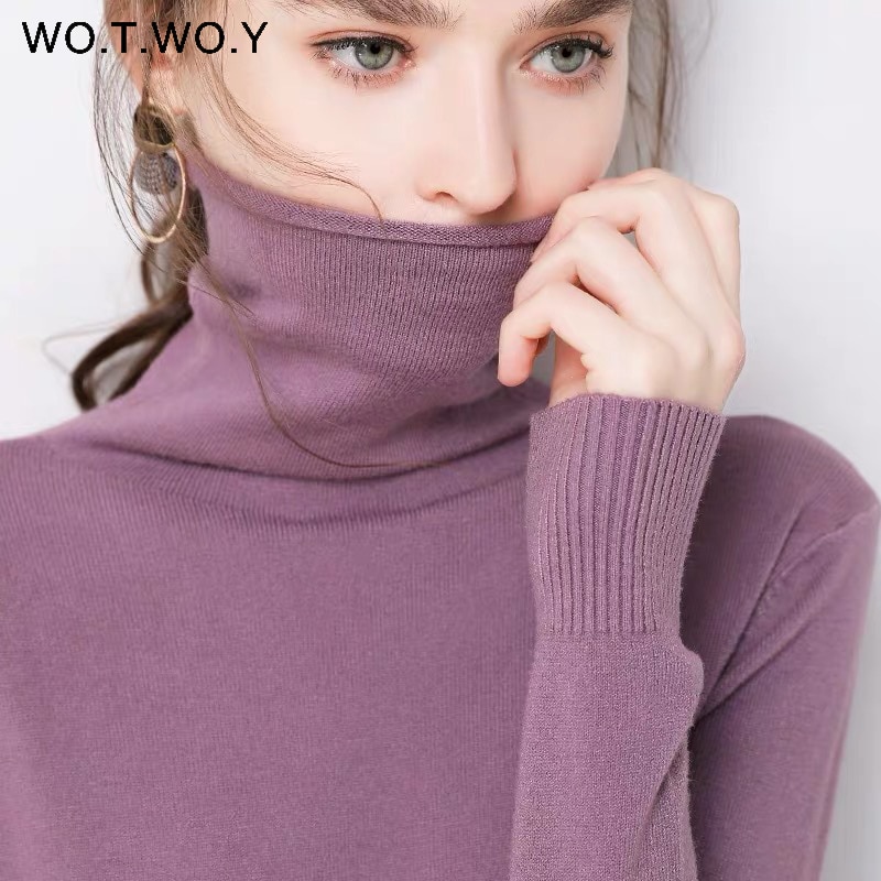 Wotwoy höst vinter slimmad tröja dam basic bottenstickat dam stickade bomullströjor femme jumper