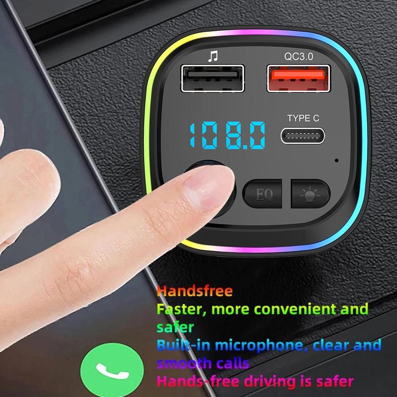Car Bluetooth 5.0 FM Transmitter 87.5-108 mhz Type-C Dual USB 5V/3.1A Fast Charger LED Backlit Atmosphere Light MP3 Player