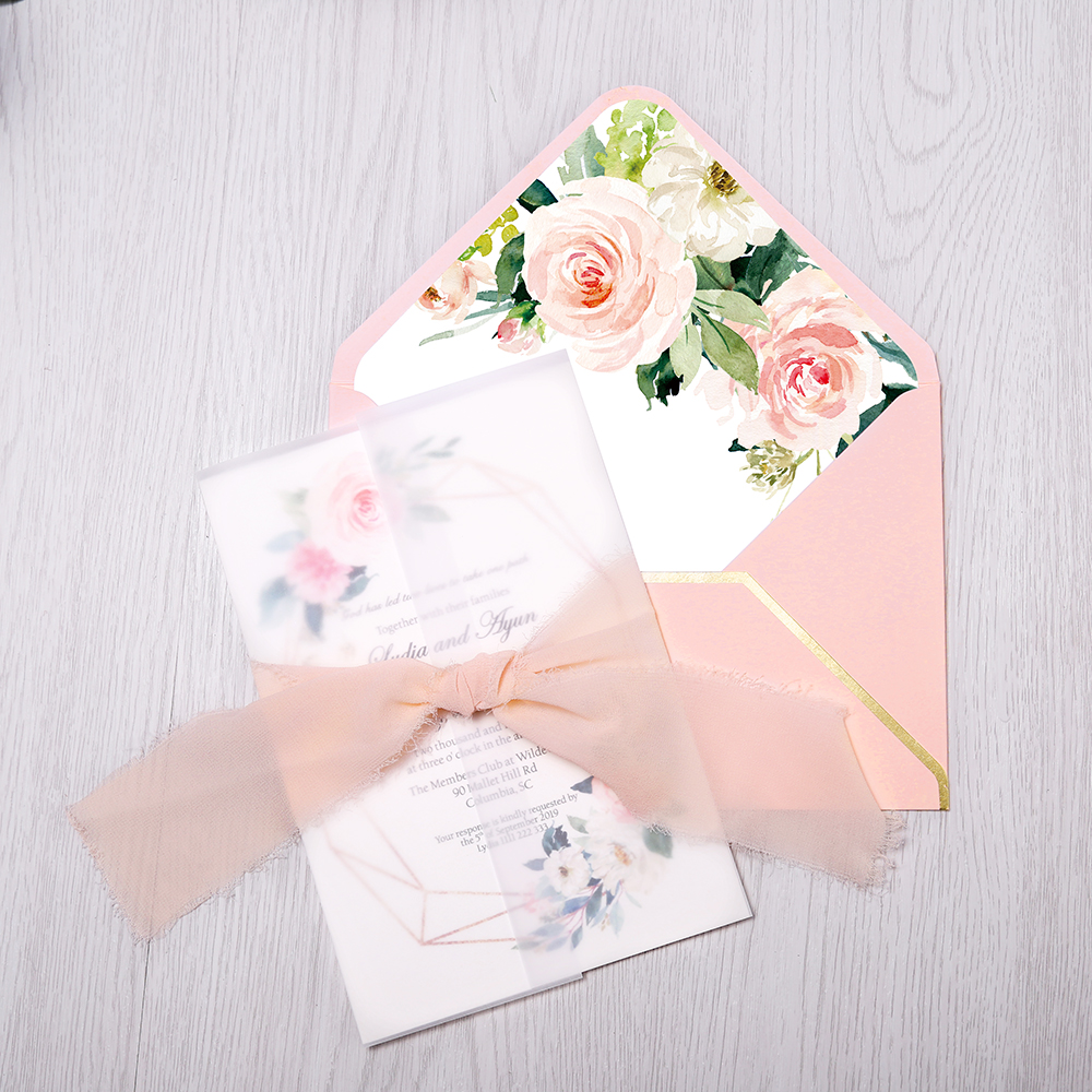 1 stk invitationskort brude, baby shower invitation, fødselsdag, middag invitationer, pink lomme med blomst