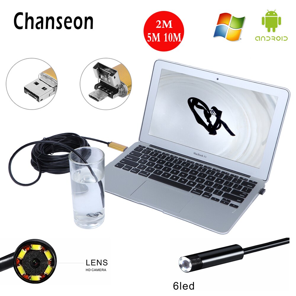 Chanseon 8mm USB + adaptador Android 2 en 1 2 m 5 m 10 tubo de inspección para teléfono Endoscopio cámara OTG IP67 impermeable Endoskop