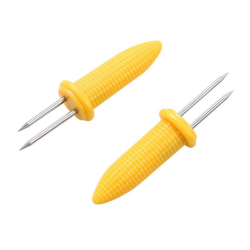 Home Cooking Small Skewers Stainless Steel Corn Shaped Skewers for BBQ Twin Prong Sweet Corn Fruit Holders