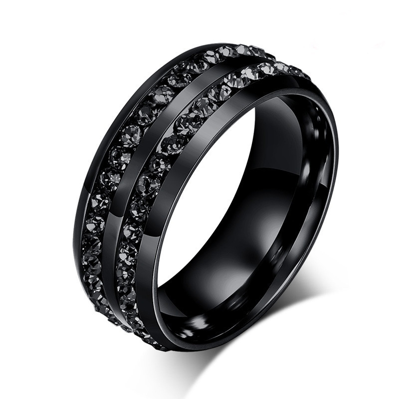Anillos de pareja con dijes, conjunto de anillos románticos con diamantes de imitación negros para mujer, anillo de acero inoxidable con piedra CZ negra de dos filas para hombre, joyería de boda: 11 / Blanco