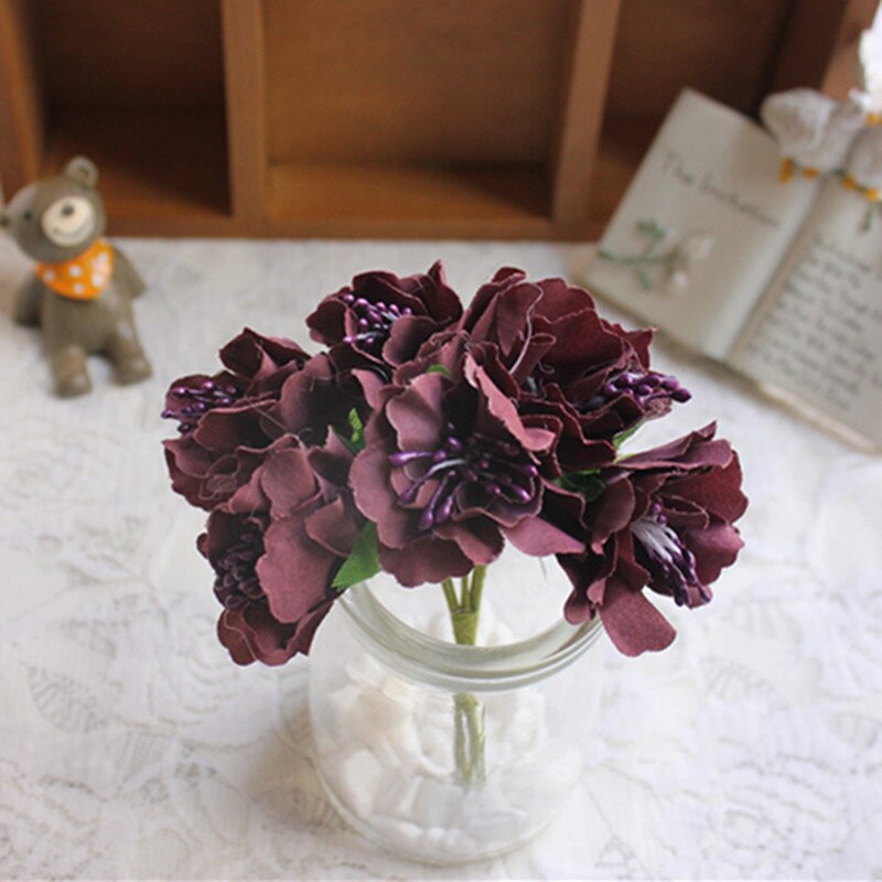 Mini Bouquet artificiel en soie rose 6 pièces/lot | Fleurs en papier pour décoration de mariage, fleurs pour Scrapbooking, boule de fleurs bricolage bon marché: Wine red