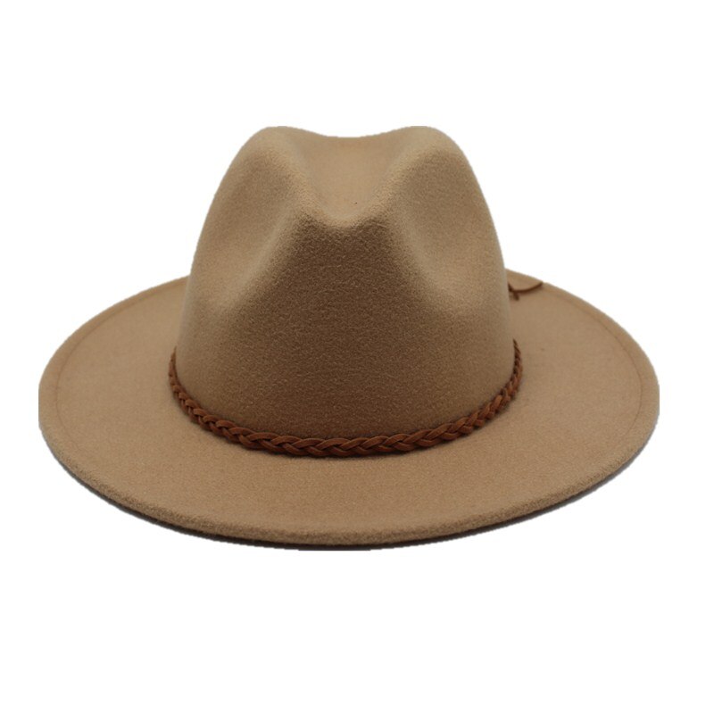 Seioum Wide Flat Brim wool felt Fedoras hats with Ribbon Band jazz trilby formal top hat panama cap Floppy Hat for men women: Camel