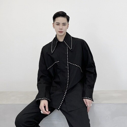 Male Rivet Long Sleeve Casual Shirt Male Japan Style Streetwear Hip Hop Punk Gothic Loose Shirt Stage Clothing: 9942 black / XL