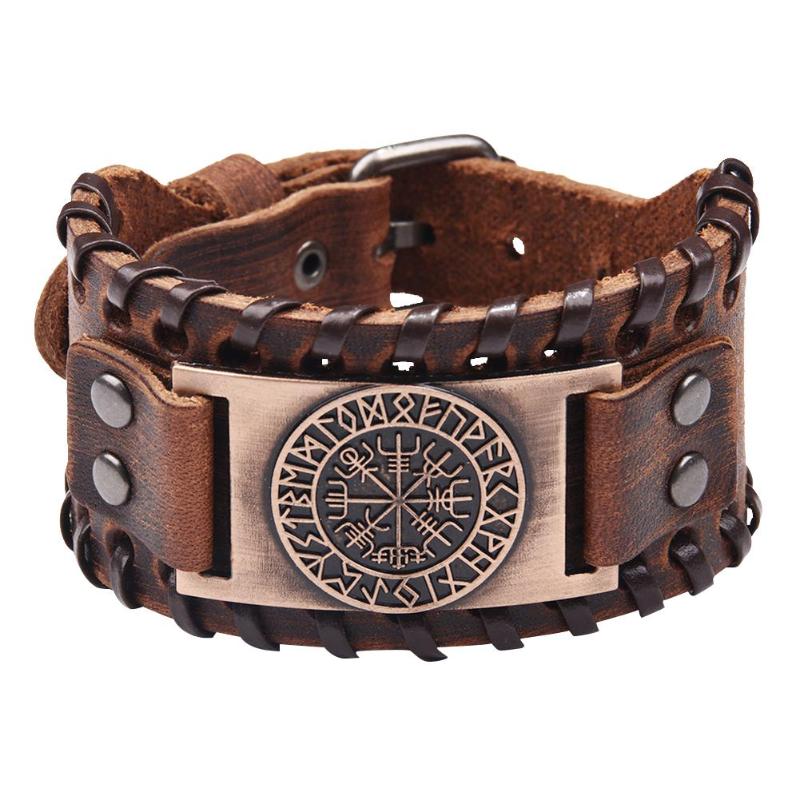 Runas nórdicas Vegvisir brújula pulsera vikinga pulseras nórdicas brújula brazalete de cuero ancho pulsera nórdica hombre joyería: Red Copper A