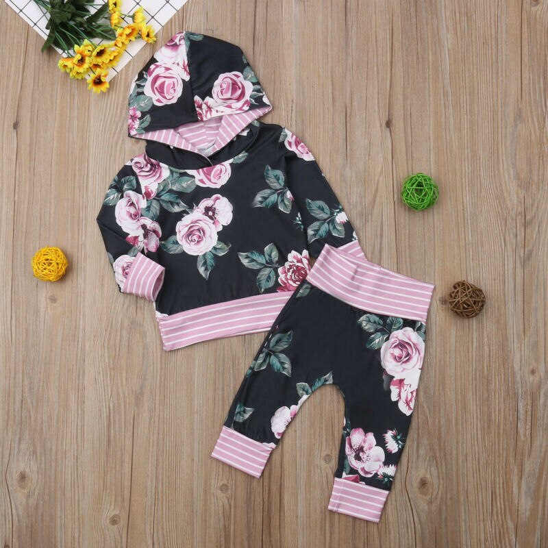 Pudcoco toddler baby drenge piger blomst hætteklædte toppe t-shirt bukser leggings outfit sæt support