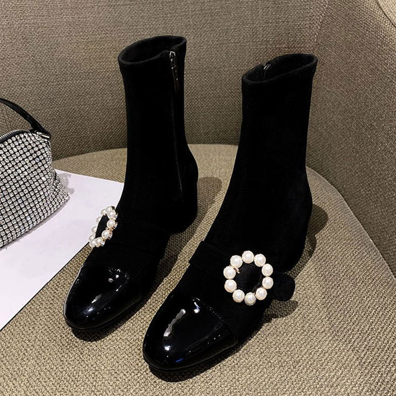 Vrouw Vrouwelijke Rits Parels Bloem Midden Hakken Wees Teen Winter Dames Schoenen Vrouwen Schoenen Mid-Kalf laarzen: Black / 10