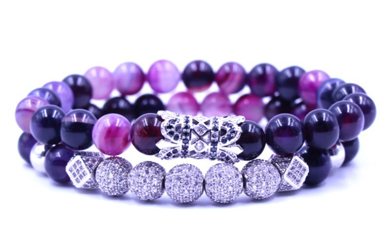 8mm 2 stks/set xgfr2432 goud elastische aangepast natuur Paars bead micro pave cz zirkoon zirconia tube Armband Sieraden: 3