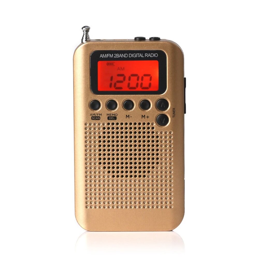 HRD-104 Portable AM / FM Stereo Pocket Radio 2-Band Digital Tuning Radio / Earphone Lanyard / 1.3 Inch LCD Display Screen: Golden