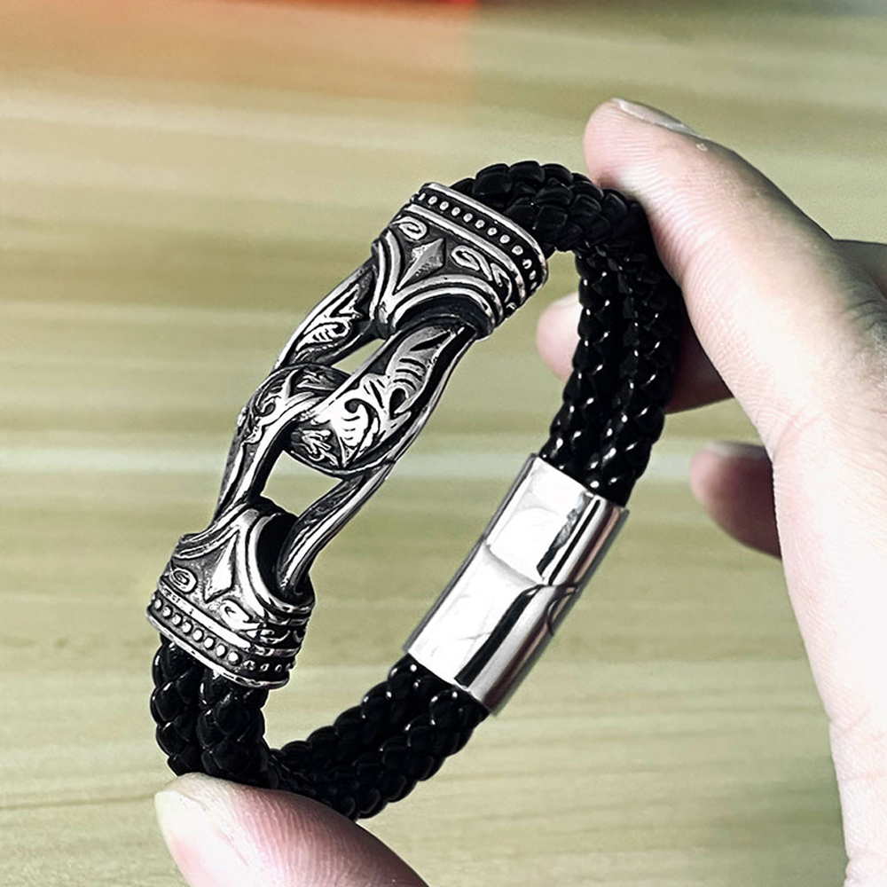 Vintage 316L Rvs Viking Armband Mannen Nordic Odin Viking Patroon Gesneden Leer Biker Armband Mode-sieraden Cadeau