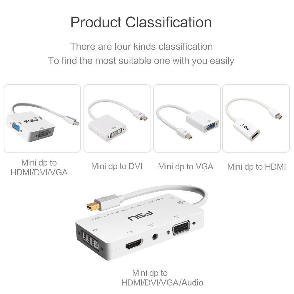 4 in 1 Thunderbolt Mini DisplayPort DP to HDMI DVI VGA Cable Connector for Apple MacBook Pro Air PC Mini DP to HDMI Audio Adaper