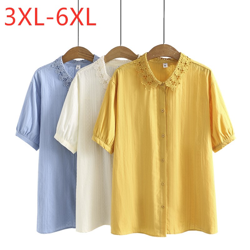 Chemisier à manches courtes pour femme, haut ample à boutons, en coton, jaune et blanc, grandes tailles 3xl, 4xl, 5xl et 6xl, été