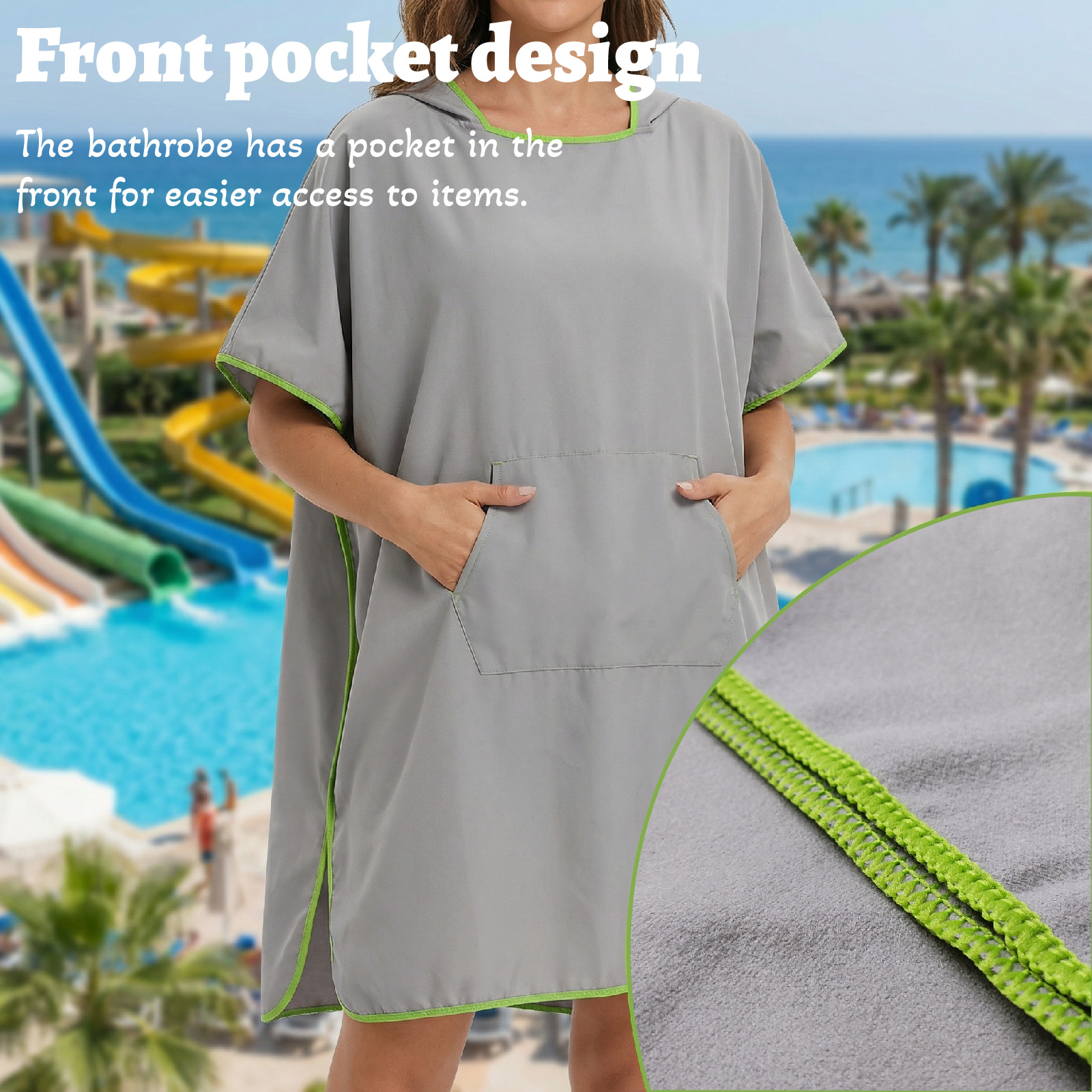 Grijze snel drogende strandponcho, lichtgewicht oversized badjas met zakken, surfhanddoek, omslagdoek, zonnedeken