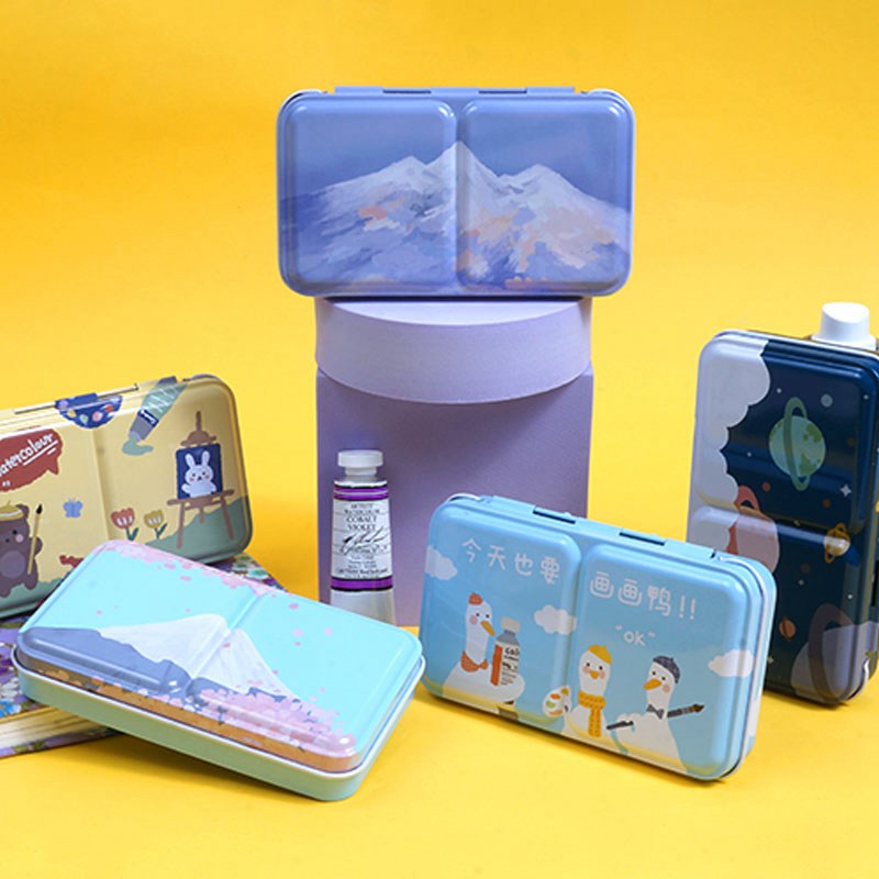 Artist Watercolor Paint Palette Empty Painting Storage Tin Box Iron Paint Tray with Half Pans Painting Supplies