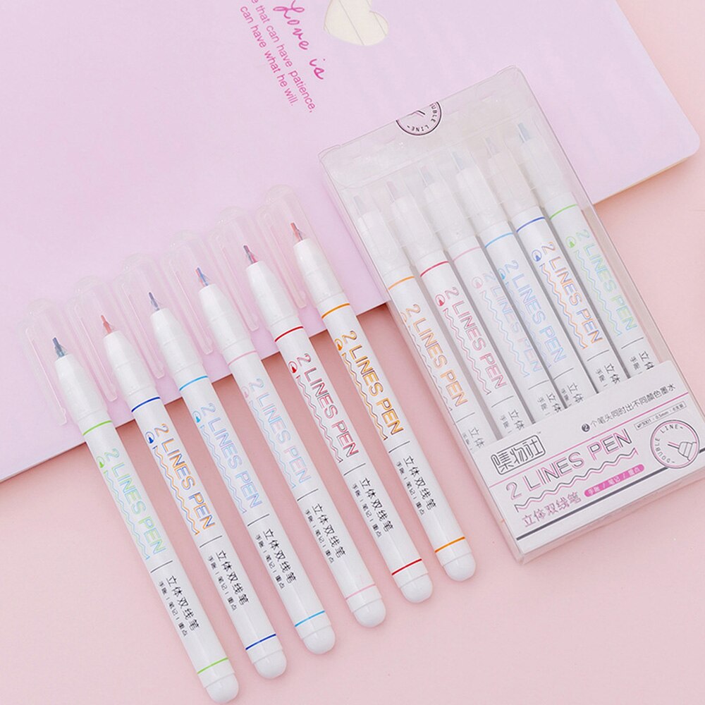 Bolígrafo Kawaii de doble línea, marcador de dibujo, caligrafía, letras, resaltador fluorescente de Color, bolígrafo para álbum de recortes, papelería escolar, 1 Uds.
