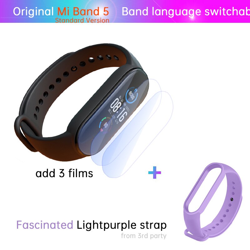 Xiaomi-Pulsera Mi Band 5 de fitness, reloj con monitor deportivo del ritmo cardíaco las 24 horas, carga magnética, sueño REM, siesta, pasos, natación, alarma de recordatorio,: STD n film l purple