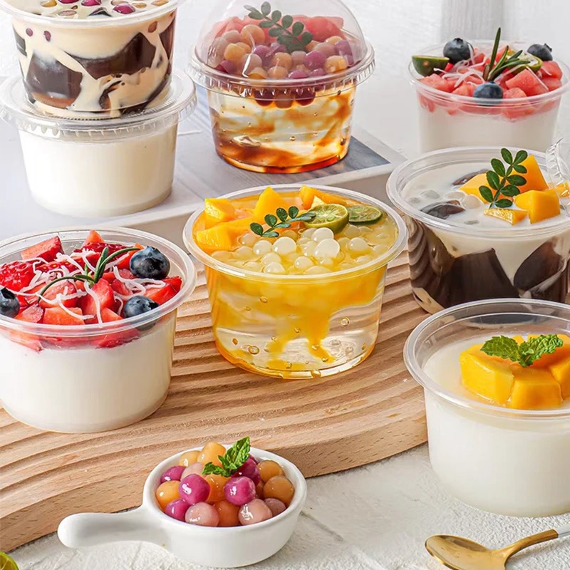 50 stk. engangs plastkopper gjennomsiktige dessertkopper boller med kuppel-/flat lokk fruktjuice kaffe iskrem kakebeholder