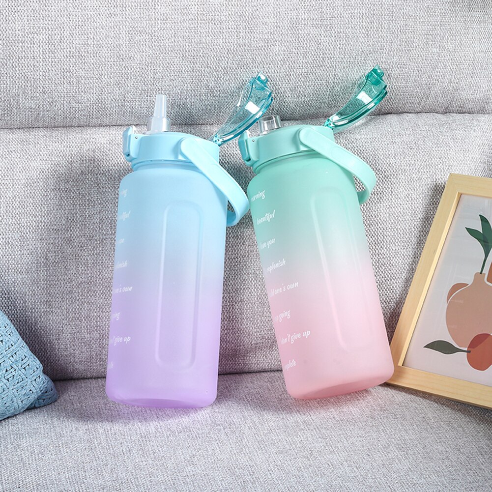 2000ML Large-Capacity Water Bottle With Time Scale Reminder Elastic Straw Sports Bottle Keak-Proof Frosted Outdoor Drinkware Fit