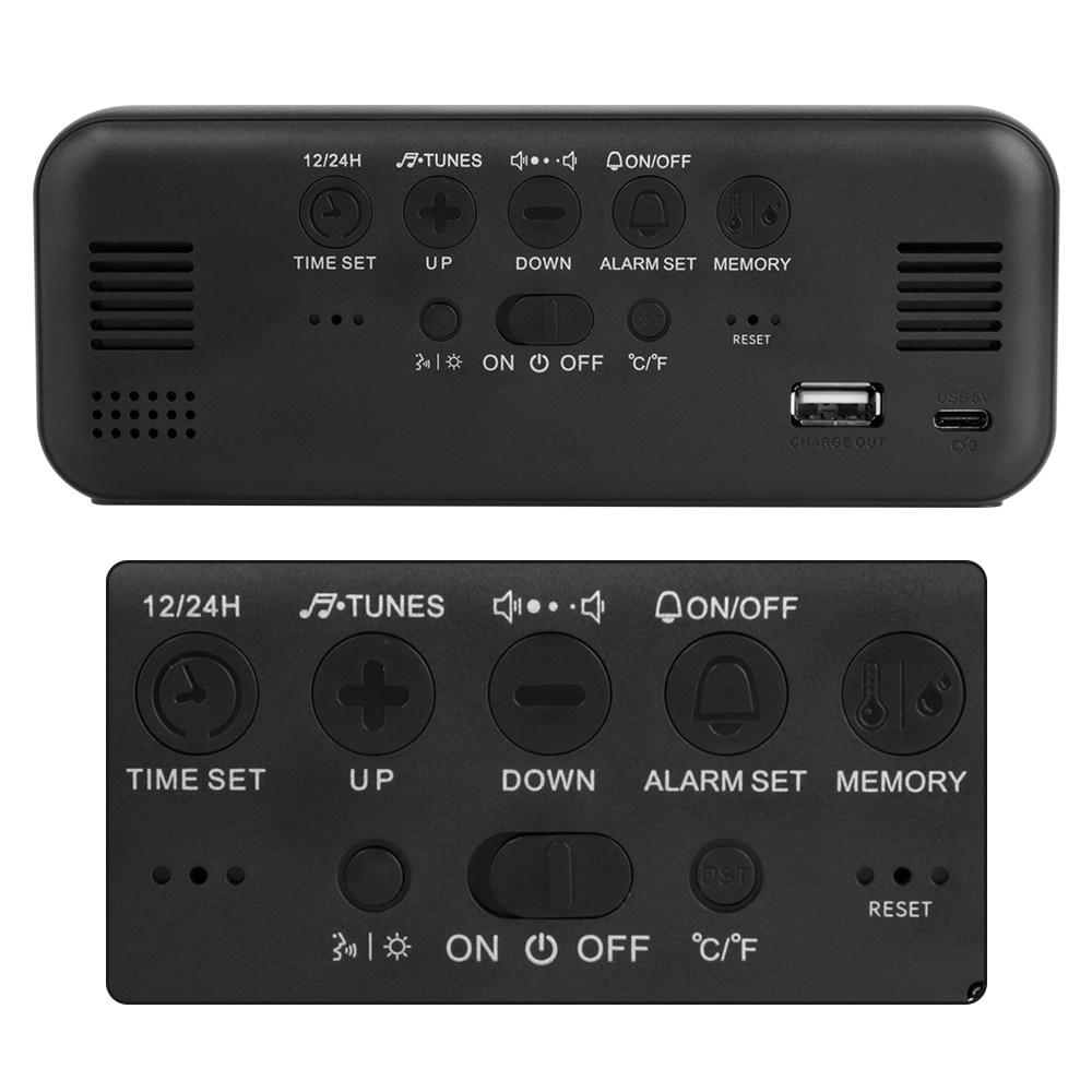 Snooze Table Clock USB Rechargeable Digital Clock with Voice Control Temperature Humidity LED Music Alarm Clock Multi-functional