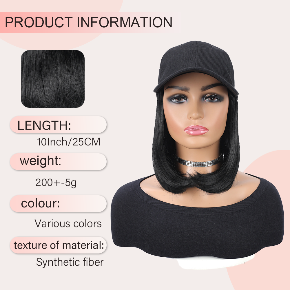 Gorra de béisbol con extensiones de cabello sintético, peinado Bob corto liso, peluca extraíble ajustable, sombrero de 10 pulgadas para mujer y niña
