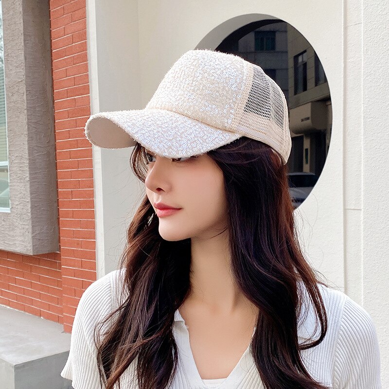 Gorra de béisbol de malla transpirable para mujer, gorro con lentejuelas, parasol, sombreros de Sol para viajes al aire libre, visera ajustable