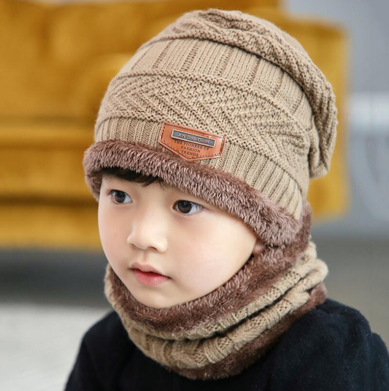 Kinderen winter gebreide muts en sjaal handschoenen set jongen meisjes warme pluche muts 3- delige sets kind outdoor skimuts sjaals effen: Kaki 2 -delige set