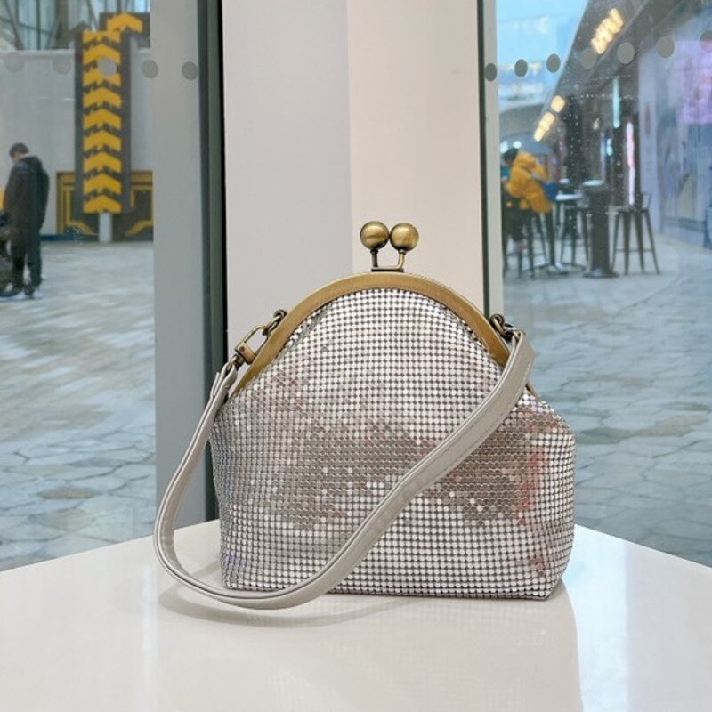 [BXX] Vintage Aluminum Sequins Bags Women Branded Chain Shoulder Hand Bag Lady Trend Handbags and Purses CB122