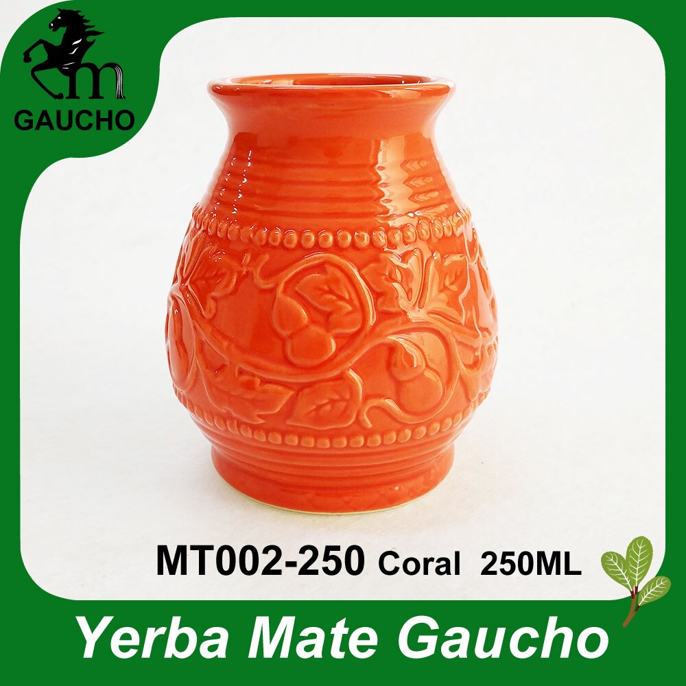 1 stuk/partij delicate argentijnse yerba mate keramische kopjes calabaza met reliëf calabashpatroon, verkoop  mt002-250 koraal