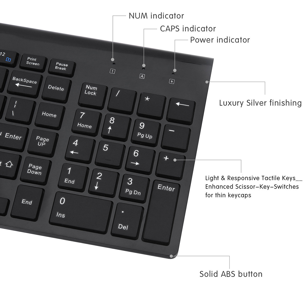 Seenda 2.4g trådløst lydløst tastatur musekam russisk/spansk tastatursæt i fuld størrelse til notebook bærbar stationær pc