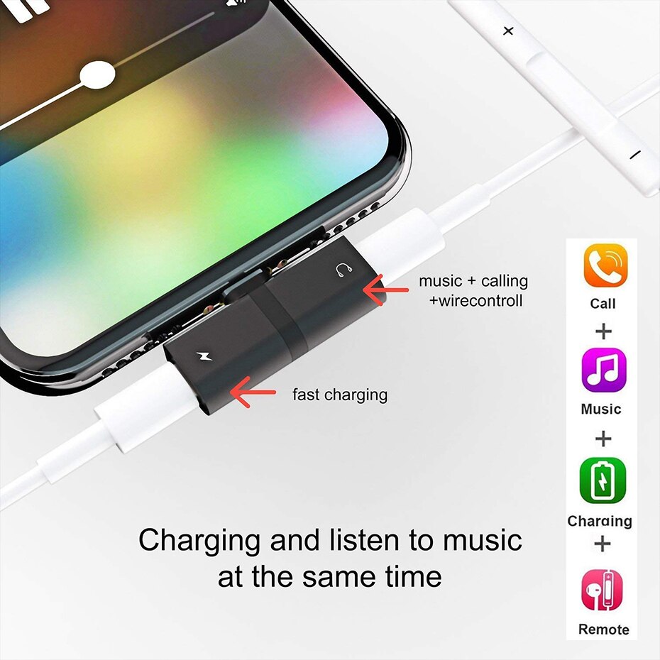 til iphone 7 8 Plus x xr lydlading dobbel adapter splitterkabel til lynkontakt til øretelefon aux-kabel-kontakt omformer