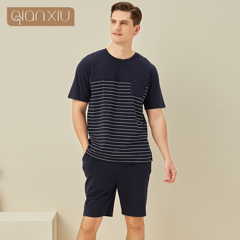 Men's short sleeve striped home suit men's knitted cotton pyjamas set men's pyjamas 2101