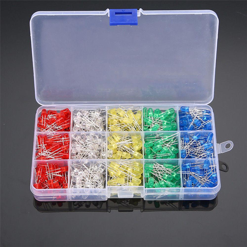 500Pcs/box 5mm LED Light White/Yellow/Red/Blue/Green Assortment Diodes Kit DIY Box Packing