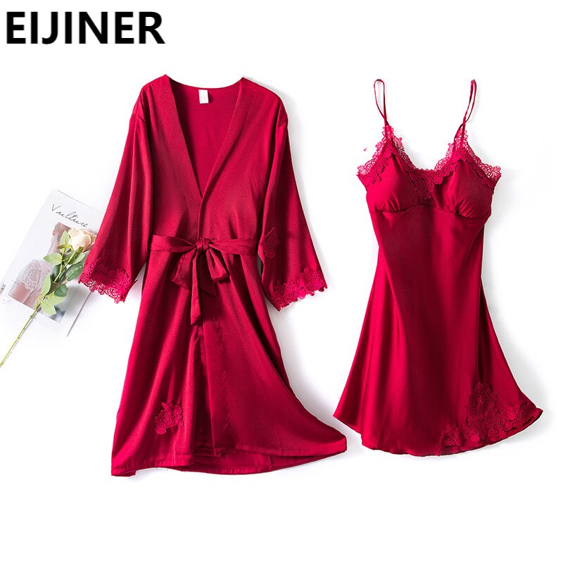 Bandage Robe Pajamas Sets Sleepwear Lace Bath Gown Women's Summer Satin Sexy With Chest Pad Dress Two-Piece Suit Night Dress