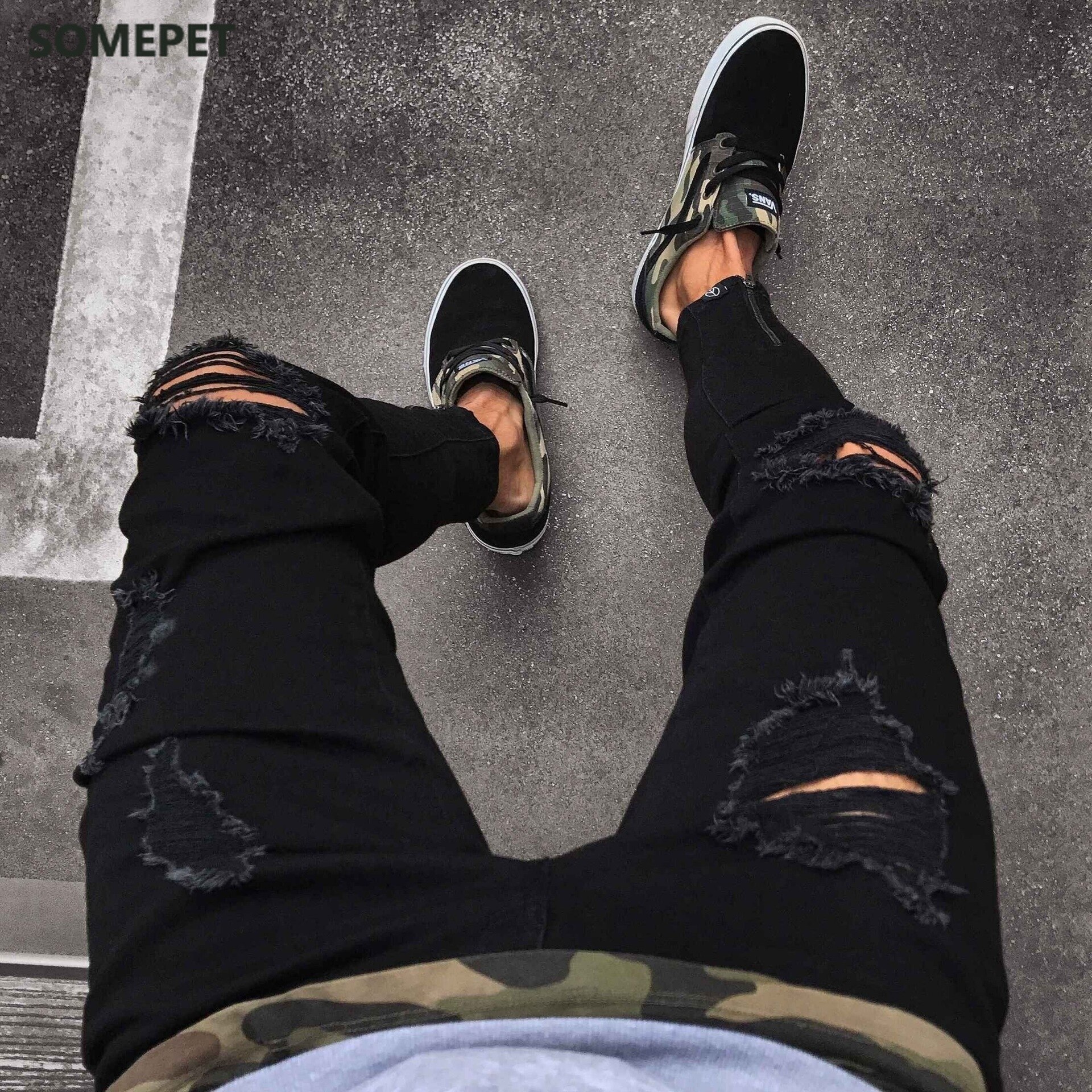 Black Stretch Skinny Fit Bottom zipper Jeans Men Knee Ripped Distressed Hole biker jeans Pants Hip Hop Street Big Size XXXL
