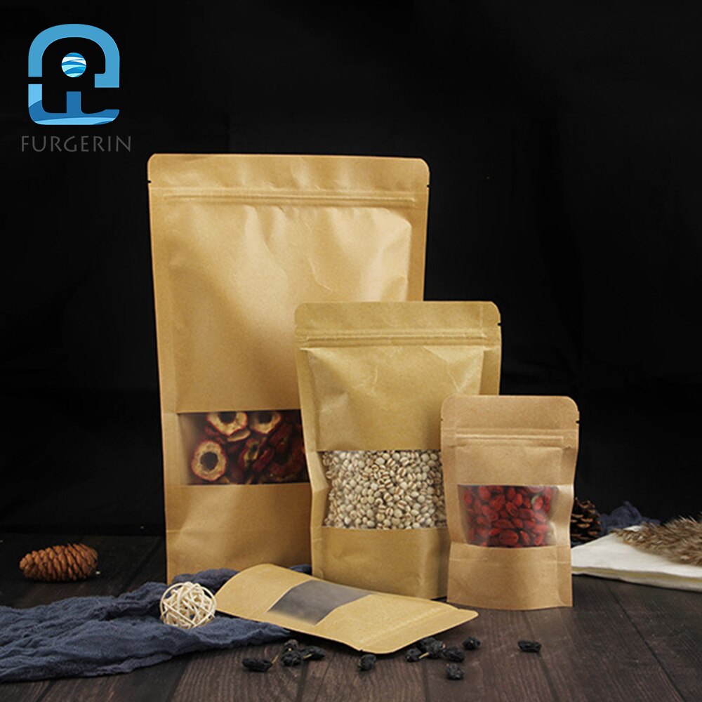 FURGERIN 10pcs Brown Kraft Paper Bag stand up zip bag for food packaging bags window Eco Friendly Reusable Produce Bags