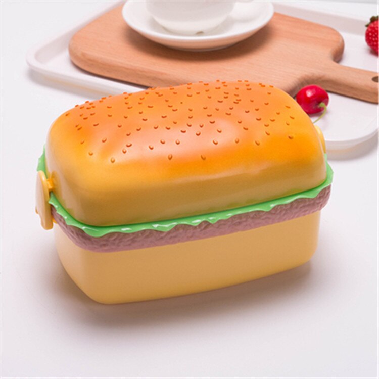 Hamburger Lunch Box Double Tier Cute Burger Bento Box Microwave Children School Food Container Fork Tableware Set: Square