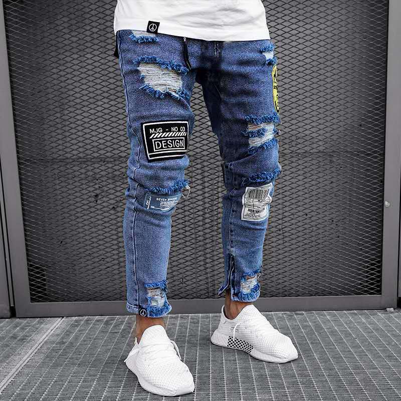 Heren gescheurde skinny distressed destroyed slim stretch biker jeans heren broek met gaten lange broek
