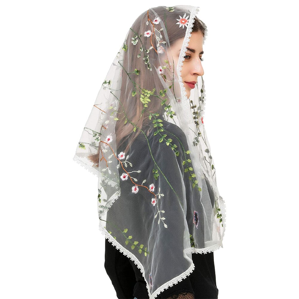 Della signora Rettangolare Fiori Mantiglia Velo Delle Donne Pizzo Floreale Cappella Velo Dell'involucro Della Sciarpa Latino Testa di Massa Che Copre Scialli per la Sposa